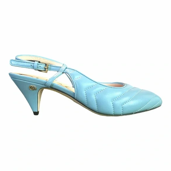 GUCCI Blue Matelasse Slingback Charlotte Heel EU 37 US 7 GG Logo Quilted Kitten